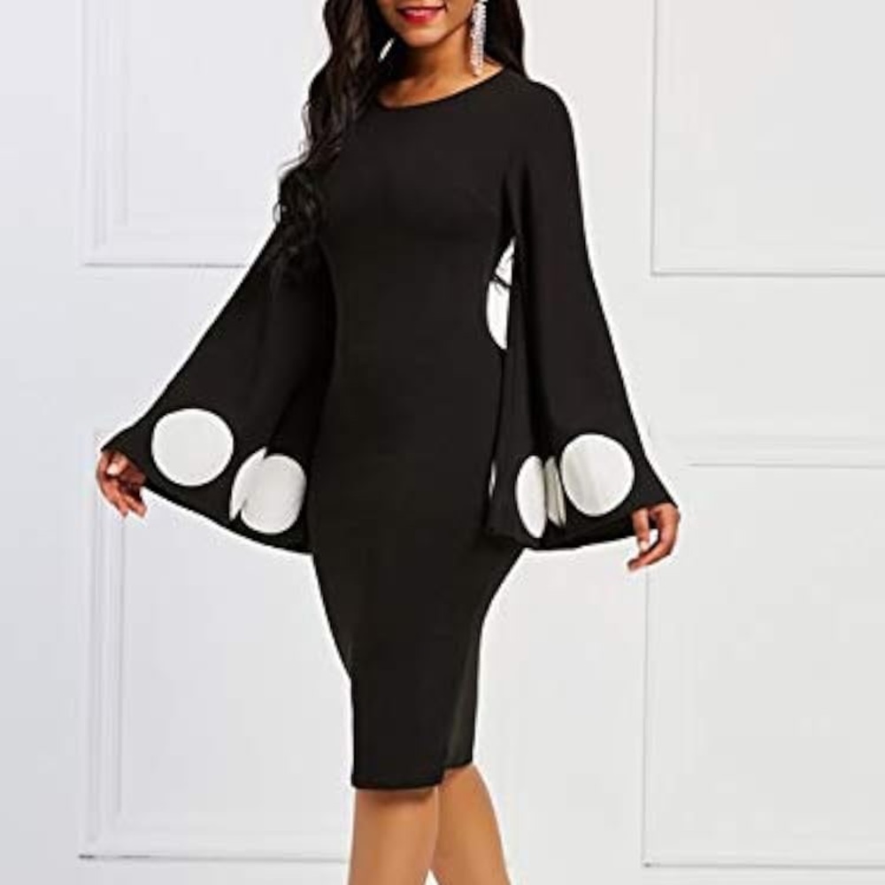 Black Midi Dress with White Dot Bell Sleeves